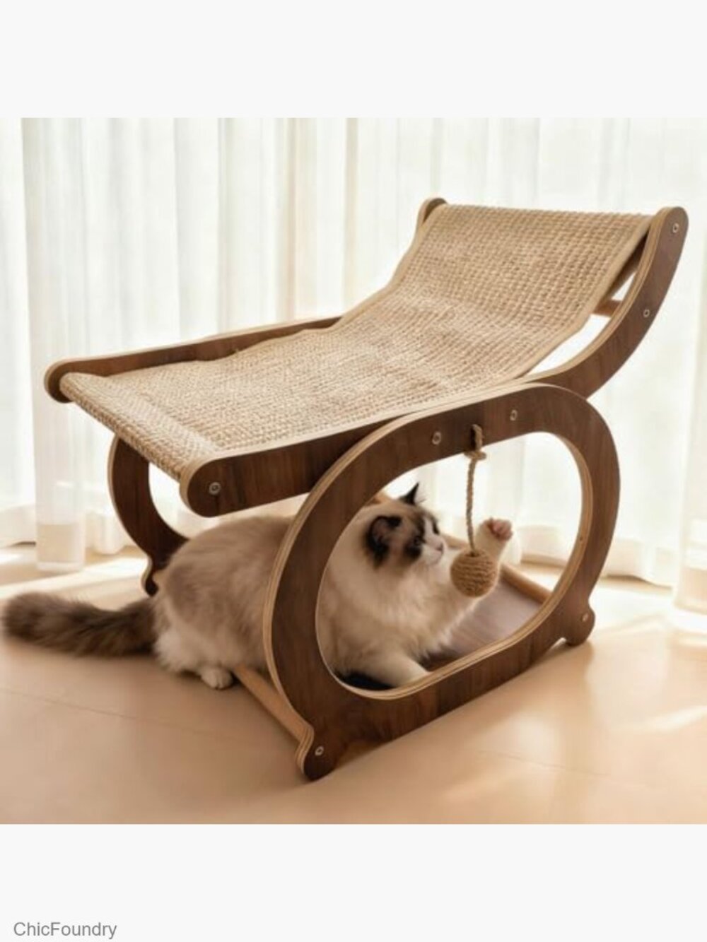 Sisal Cat Scratcher Chair, Elevated Cat Lounge Bed for Indoor Cats, Wooden Pet - Picture 4 of 6